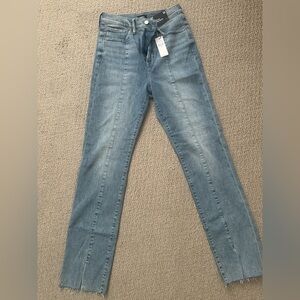 Express Light Blue slim super high rise jeans with slit in front